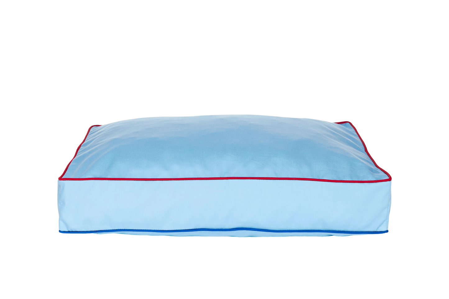 light blue dog bed with contrast piping